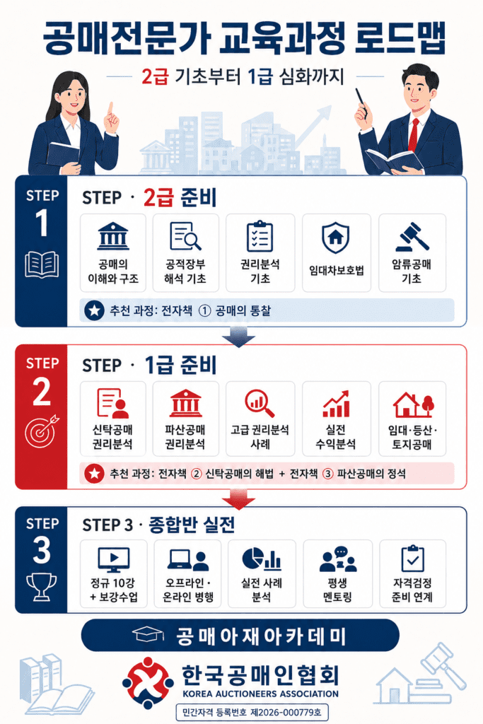 공매전문가 교육과정 로드맵을 2급 준비, 1급 준비, 종합반 실전 단계로 정리한 세로형 인포그래픽 이미지