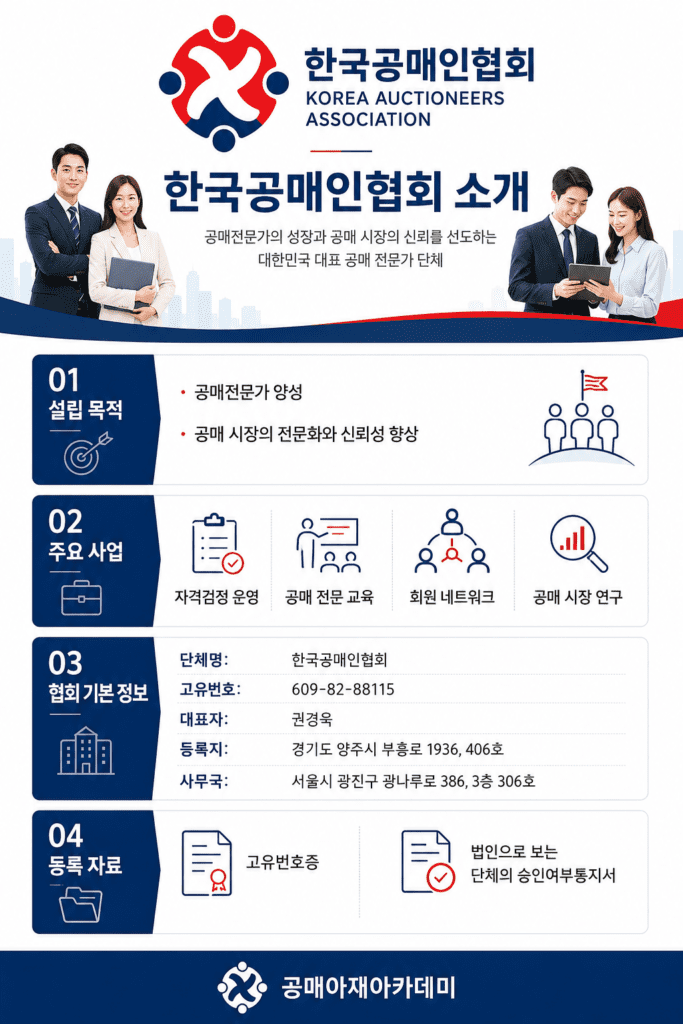 한국공매인협회의 설립 목적, 주요 사업, 협회 기본 정보, 등록 자료를 정리한 세로형 인포그래픽 이미지